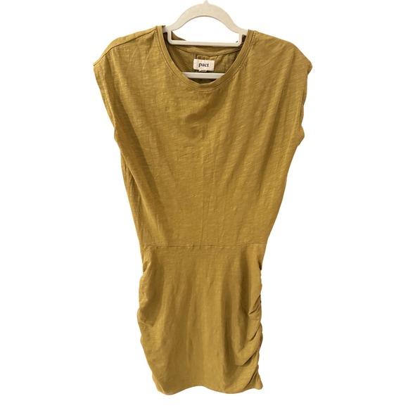 Pact Organic Cotton Dress Mustard Ruched Side Casual Sustainable, Size M - Picture 2 of 6